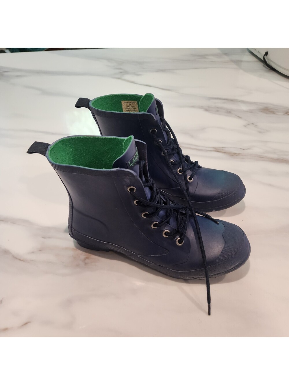 Lauren Navy Blue Rubber Lace-Up Rain Boots with Green Interior - Size 10B